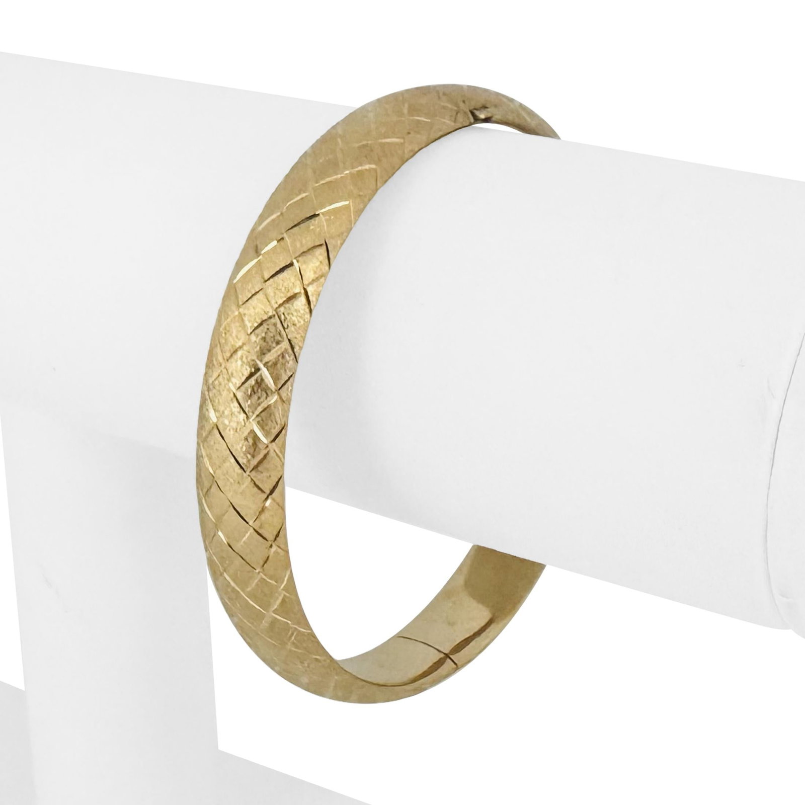 14k Yellow Gold Satin Finish Diamond Cut Bangle B: Condition: Excellent Condition, Professionally Cleaned Metal: 14k Gold (Marked, and Professionally Tested) Weight: 12.2g Length: 7 Inches Inner Circumference Width: 10mm Closure: Slide Bar Insert