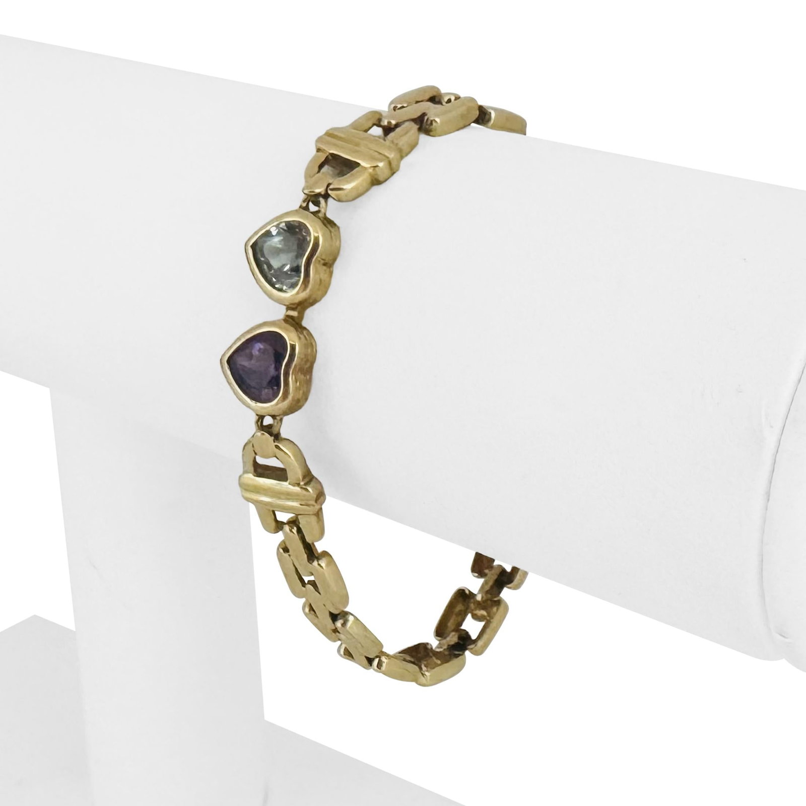 14k Yellow Gold Heart Gemstone and Panther Link B: Condition: Excellent Condition, Professionally Cleaned Metal: 14k Gold (Marked, and Professionally Tested) Weight: 12.4g Gemstone: Heart Cut Topaz Gemstone: Heart Cut Amethyst Length: 6.5 Inches