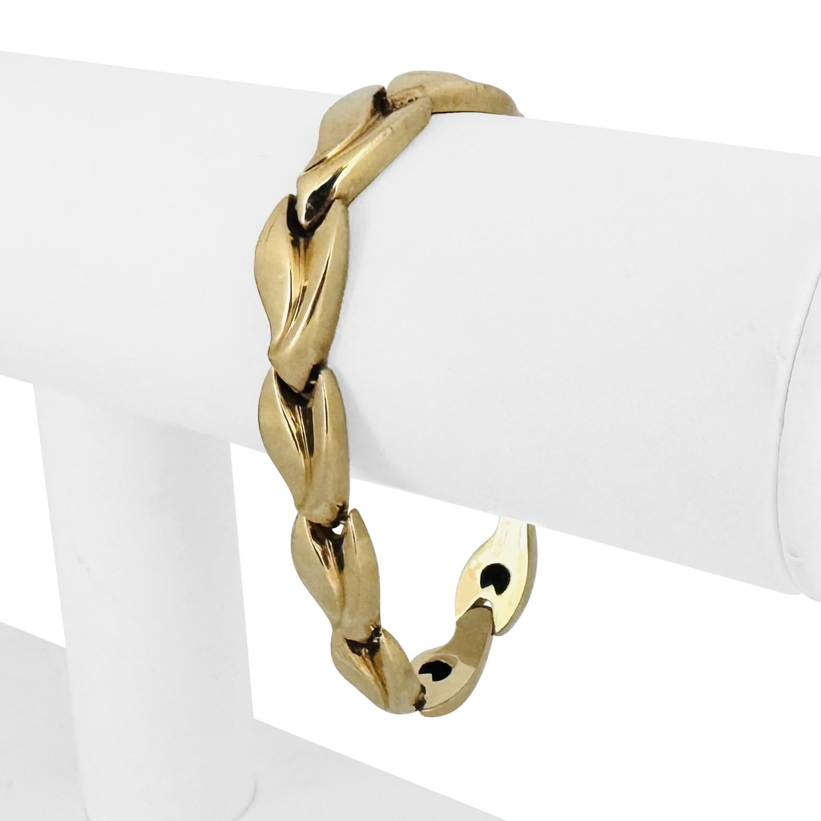 14k Yellow Gold Ladies Polished Fancy Wave Link B: Condition: Excellent Condition, Professionally Cleaned Metal: 14k Gold (Marked, and Professionally Tested) Weight: 16.3g Length: 7 Inches Width: 10mm Closure: Box Tab Insert with Safety Latch