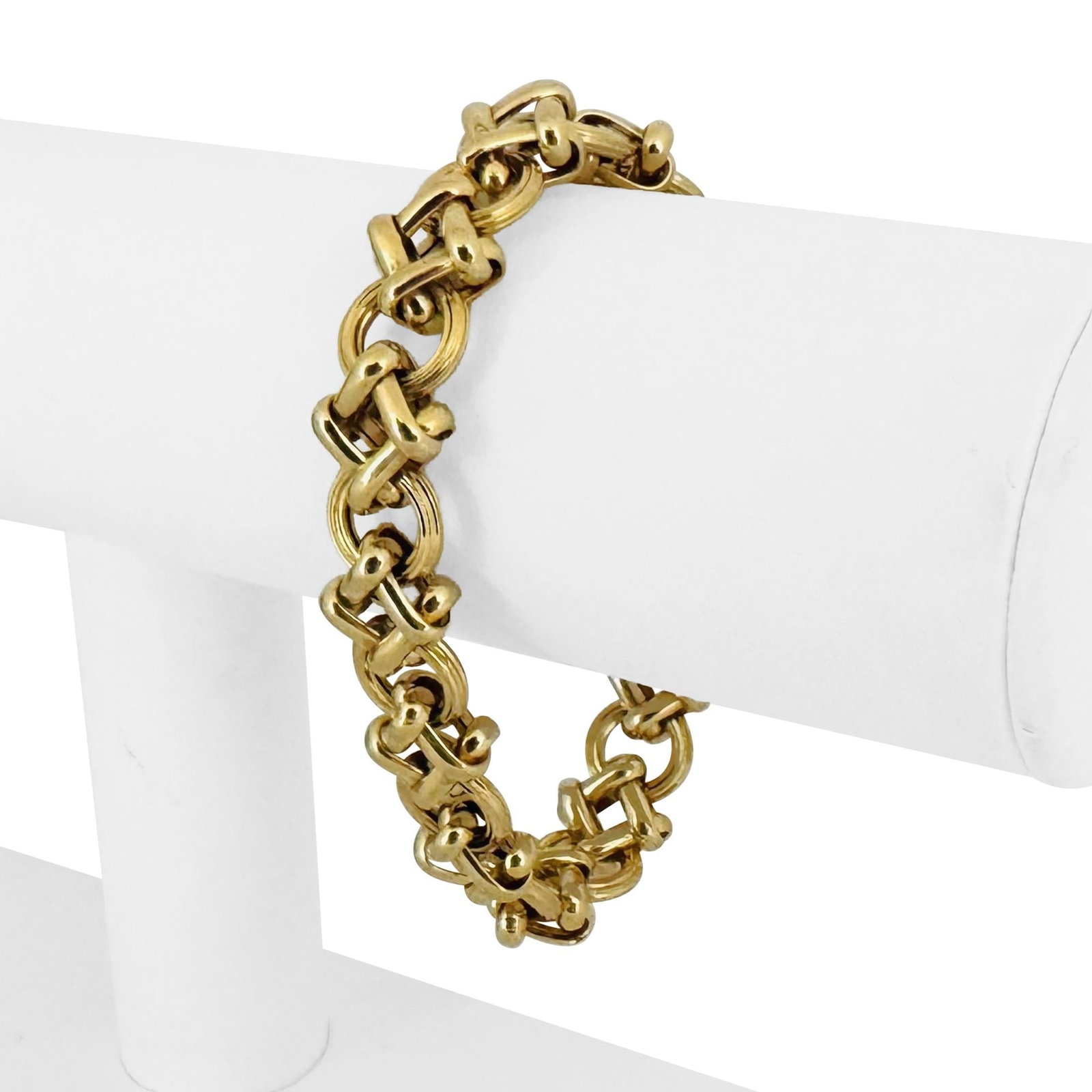 14k Yellow Gold Ladies Polished Fancy Link Bracel: Condition: Excellent Condition, Professionally Cleaned Metal: 14k Gold (Marked, and Professionally Tested) Weight: 18g Length: 7.25 Inches Width: 11mm Closure: Box Tab Insert with Safety Latch