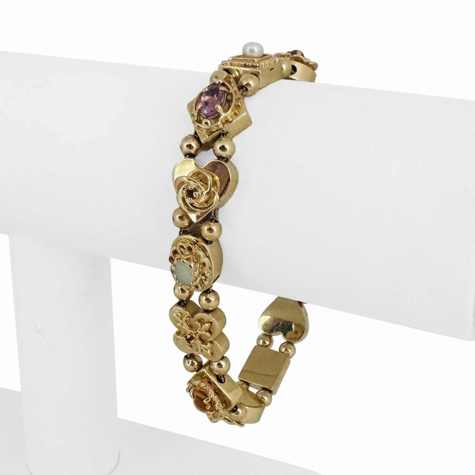 14k Yellow Gold Heavy Multi Gemstone Slide Charm: Condition: Excellent Condition, Professionally Cleaned Metal: 14k Gold (Marked, and Professionally Tested) Weight: 24.7g Gemstones: Assorted Gemstones (Amethyst, Citrine, Opal, Turquoise, etc.)