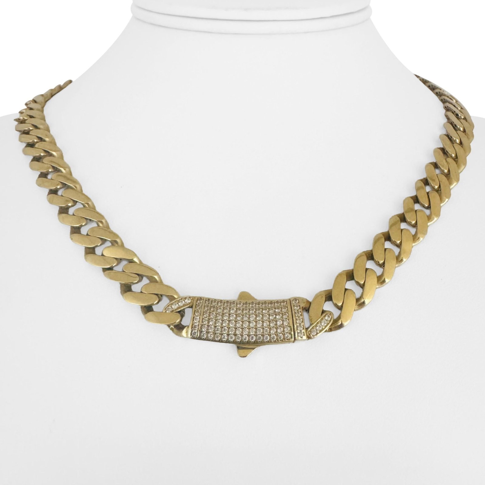 14k Yellow Gold Semi Solid Cuban Link CZ Clasp Ch: Condition: Excellent Condition, Professionally Cleaned and Polished Metal: 14k Gold (Marked, and Professionally Tested) Weight: 26.8g Length: 17.5 Inches Width: 9mm Closure: CZ Encrusted Box Clasp