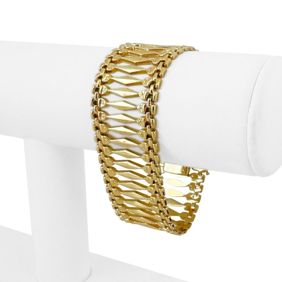 14k Yellow Gold Vintage Wide Fancy Link Bracelet: Condition: Excellent Condition, Professionally Cleaned and Polished Metal: 14k Gold (Marked, and Professionally Tested) Weight: 26.8g Length: 7 Inches Width: 25mm Closure: Box Tab Insert with Two