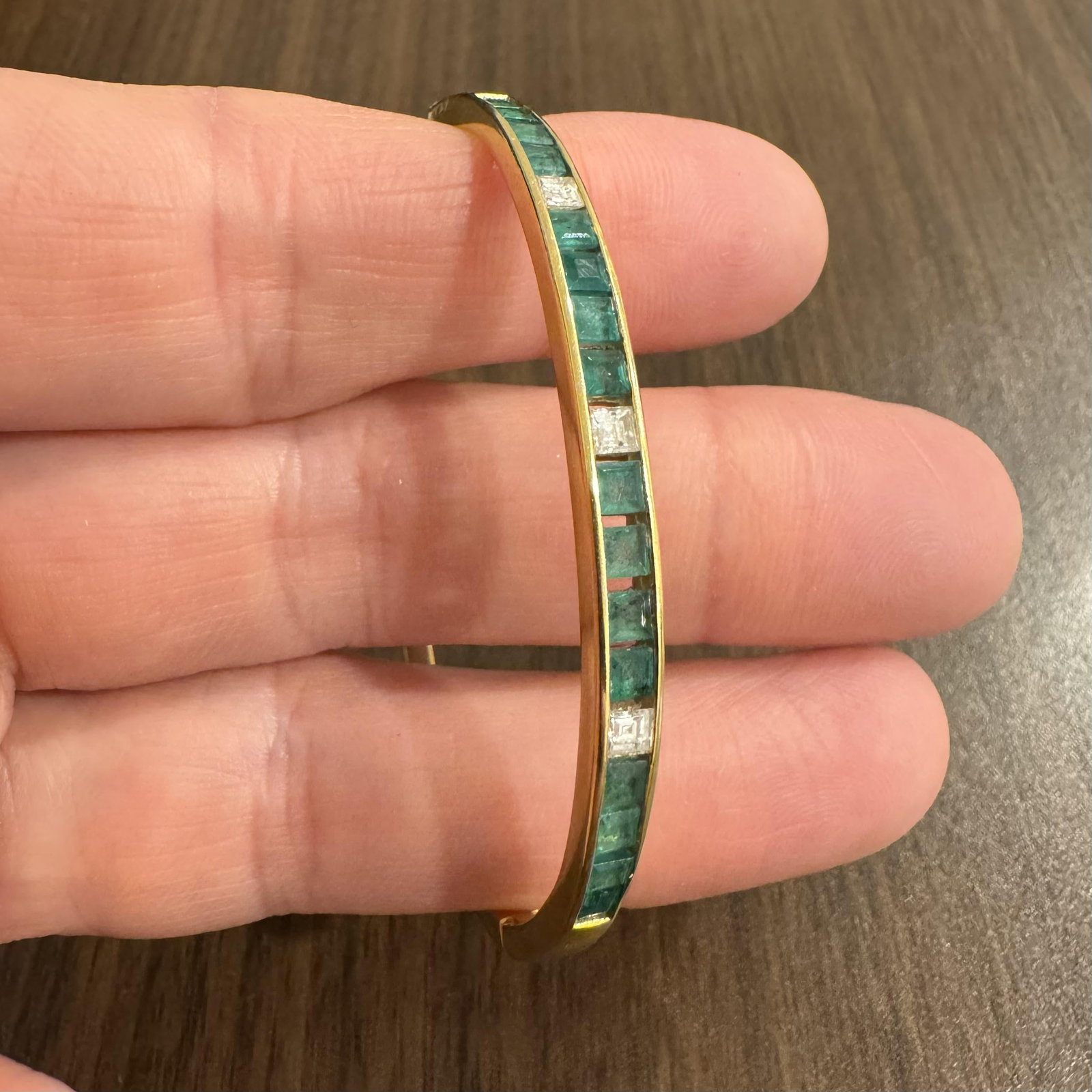 18k Yellow Gold Emerald and Diamond Solid Bangle - 2
