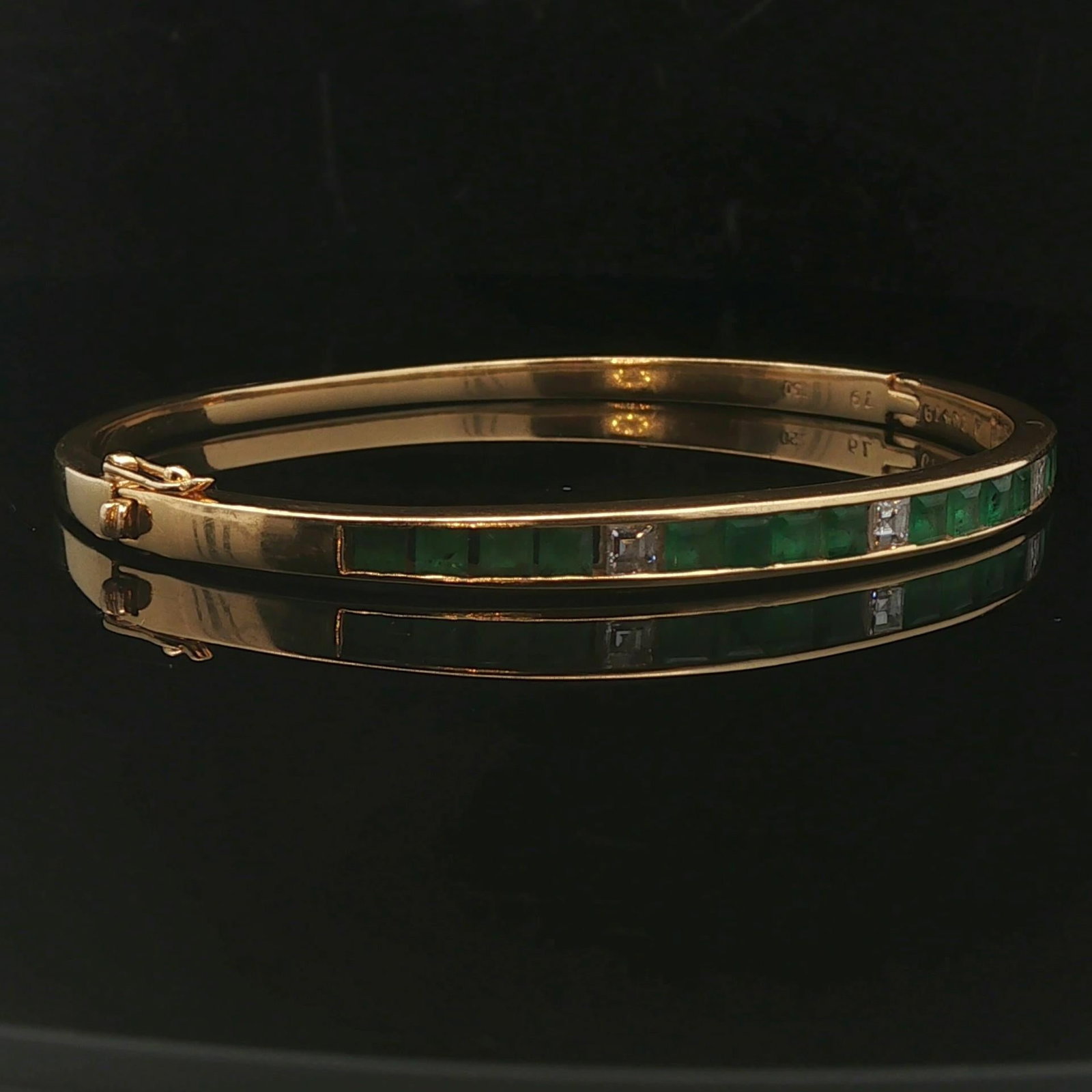 18k Yellow Gold Emerald and Diamond Solid Bangle - 5