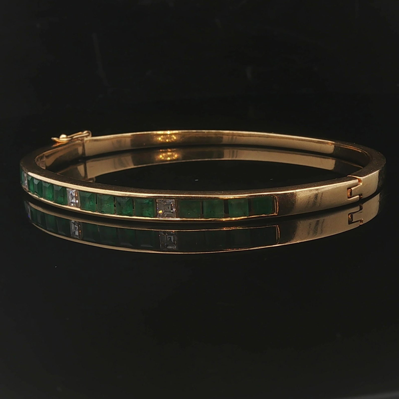 18k Yellow Gold Emerald and Diamond Solid Bangle - 6