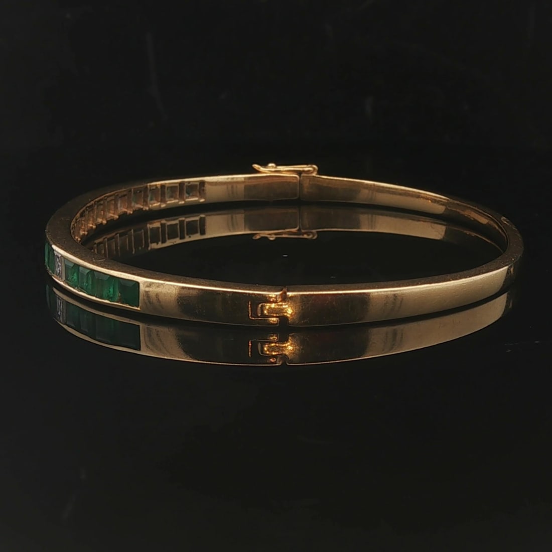 18k Yellow Gold Emerald and Diamond Solid Bangle - 7