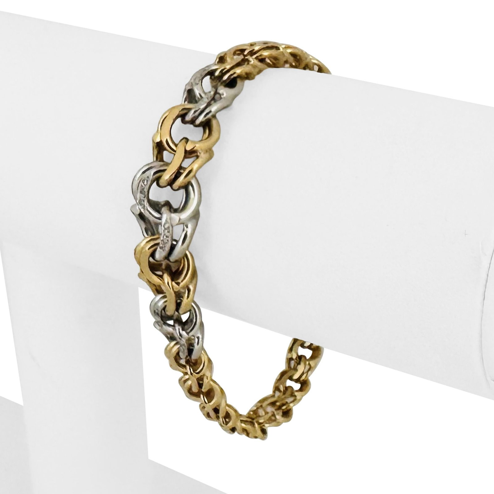 18k Yellow & White Gold Solid Graduated Double Cu: Condition: Excellent Condition, Professionally Cleaned and Polished Metal: 18k Gold (Marked, and Professionally Tested) Weight: 23.4g Length: 6.75 Inches Width: 11.5mm at widest, 6.5mm at narrowest