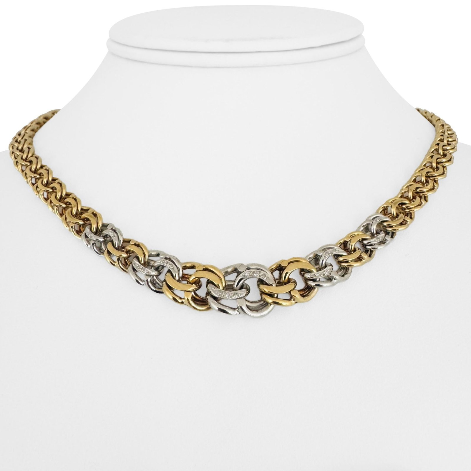 18k Yellow & White Gold Solid Heavy Graduated Dou: Condition: Excellent Condition, Professionally Cleaned and Polished Metal: 18k Gold (Marked, and Professionally Tested) Weight: 45.1g Length: 16Inches Width: 11.5mm at widest, 6.5mm at narrowest