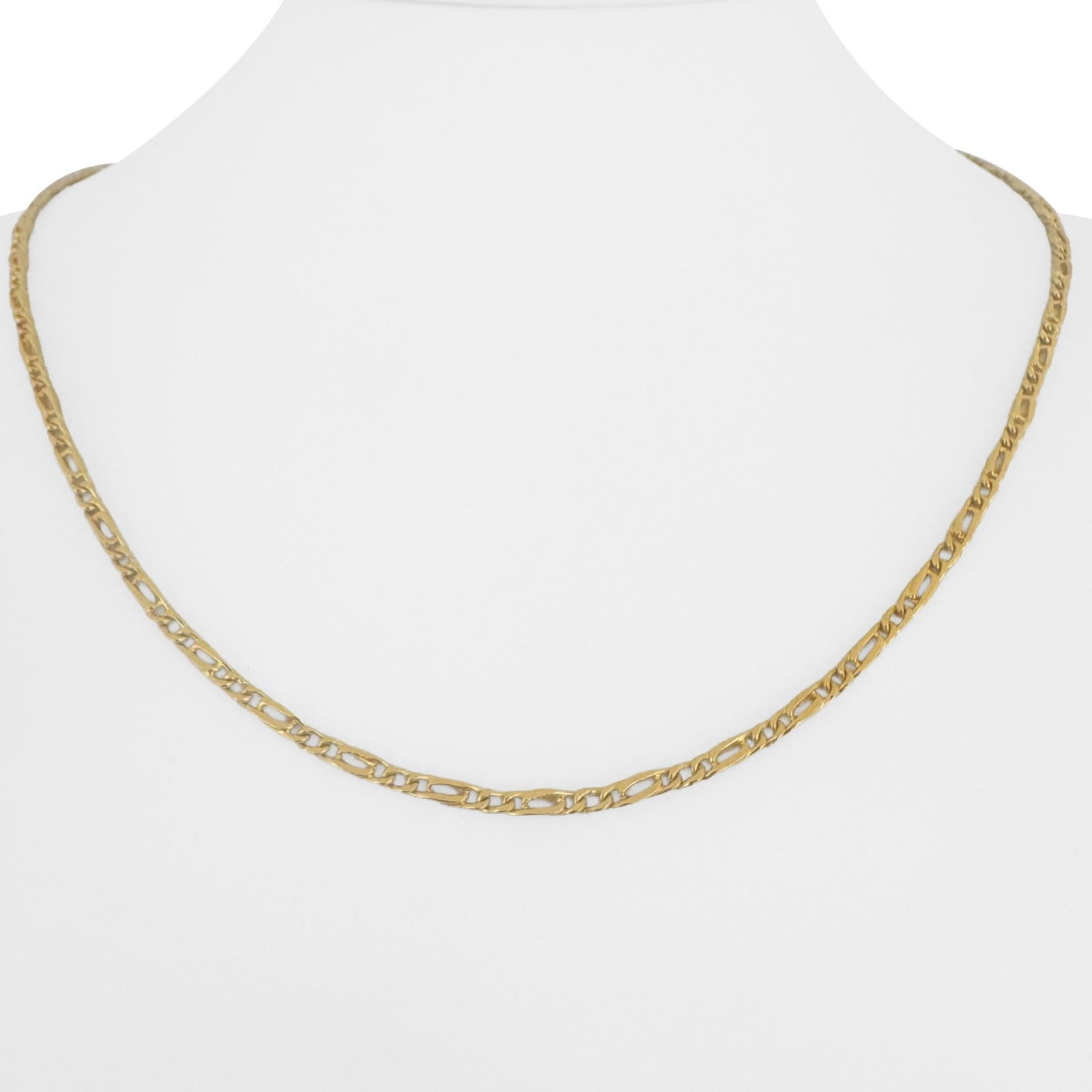 24k Pure Yellow Gold Solid Thin Figaro Link Chain: Condition: Excellent Condition, Professionally Cleaned Metal: 24k Gold (Marked, and Professionally Tested) Weight: 14.6g Length: 20 Inches Width: 2.5mm Closure: M Clasp (Hook) Markings: "99" and