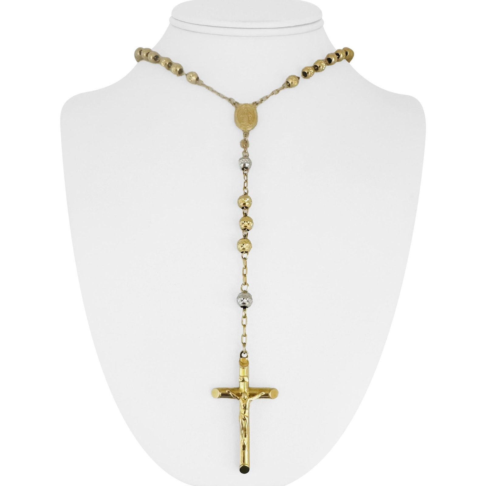 14k Yellow and White Gold Vintage Diamond Cut Beaded Rosary Necklace 26": Condition: Excellent Condition, Professionally CleanedMetal: 14k Gold (Professionally Tested)Weight: 34.1gLength: 26 Inches plus 6 Inch DropWidth: 6mm at widest ballsClosure: None - Slip OnMarkings: N