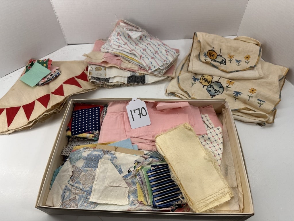 VINTAGE FABRIC AND UNFINISHED QUILT SQUARES: .