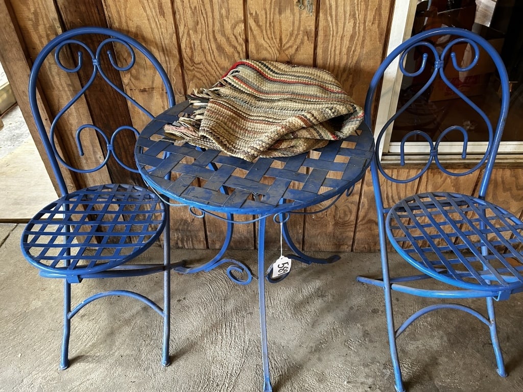 BLUE METAL TABLE AND CHAIRS: .