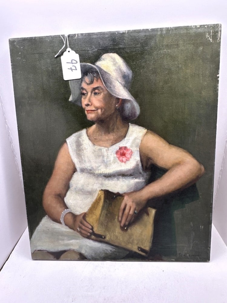 IRWIN PAINTING ON CANVAS: PAINTING ON CANVAS OF OLD WOMAN IN A WHITE DRESS AND HAT, "IRWIN" WRITTEN ON EDGE (ARTIST)