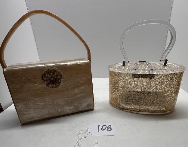 VINTAGE LUCITE ACRYLIC BOX PURSES: TWO VINTAGE LUCITE ACRYLIC BOX PURSES, LARGER ONE 1950S VINTAGE WILARDY BOX PURSE WITH BRASS CLASP