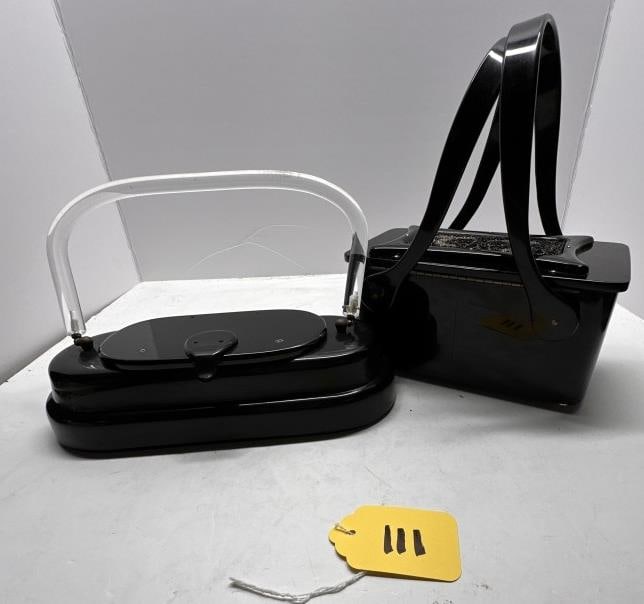 VINTAGE LUCITE PURSES: TWO BLACK VINTAGE PATENT LEATHER BOX PURSES, SMALLER ONE WITH ACRYLIC HANDLE, LARGER ONE WITH BEADED DESIGN ON LID