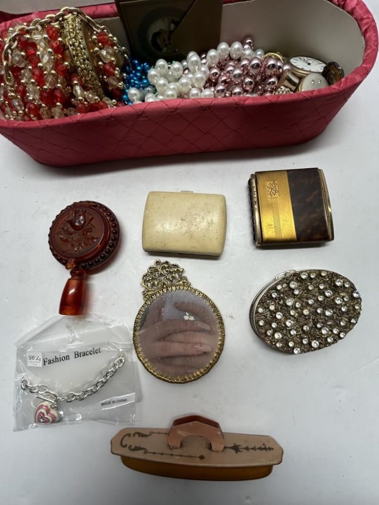 VINTAGE JEWELRY BOX AND ACCESSORIES: VINTAGE JEWELRY BOX, PINK BOX FULL OF ASSORTED JEWELRY, VINTAGE BEADED POUCHES, VINTAGE HAND MIRRORS