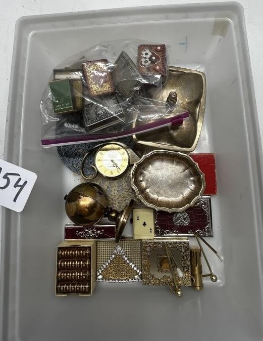 VINTAGE MAKEUP COMPACT MIRRORS, MINI GOLD GLOBE ET: PLASTIC BIN OF MISCELLANIES, ZIPLOC BAG OF MINI BOOK-SHAPED MATCHBOXES, MINI VINTAGE MAKEUP COMPACT MIRRORS, MINI GOLD GLOBE, MINI GOLD CLOCK, ETC.