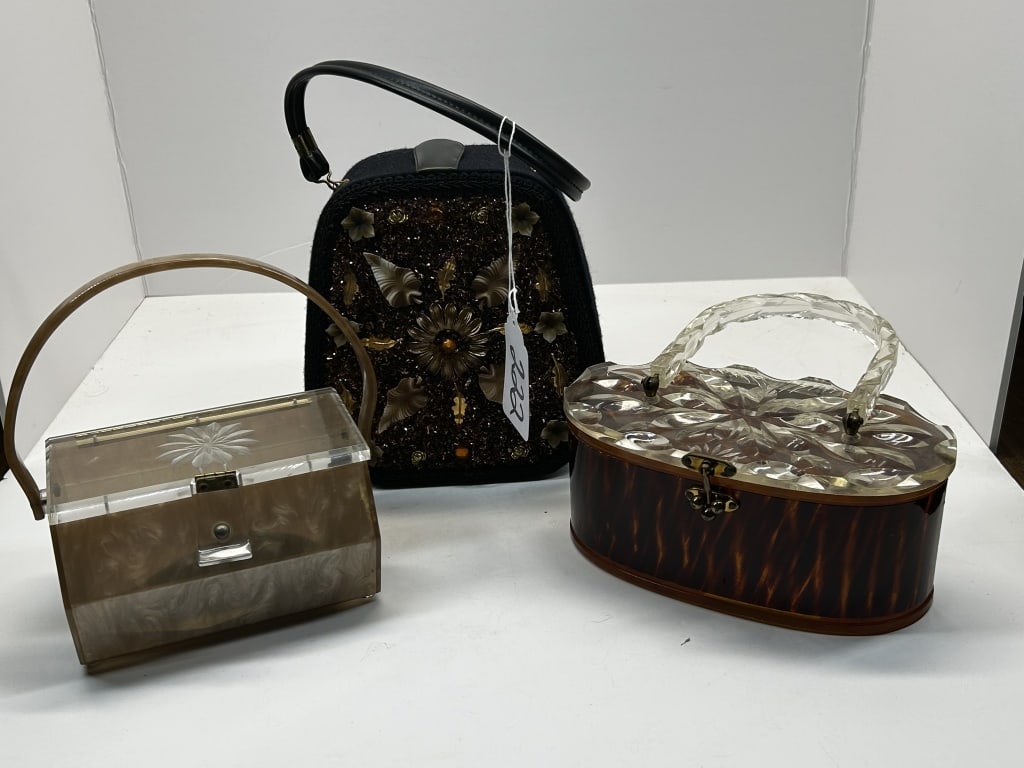 SET OF 3 VINTAGE LUCITE ACRYLIC PURSES: 1950S-1960S BROWN AND BLACK WITH CLASP