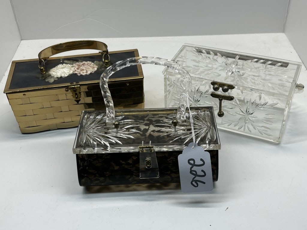 SET OF 3 VINTAGE LUCITE ACRYLIC PURSES: 1950S-1960S BLACK, GOLD, CLEAR COLORS, WITH CLASP