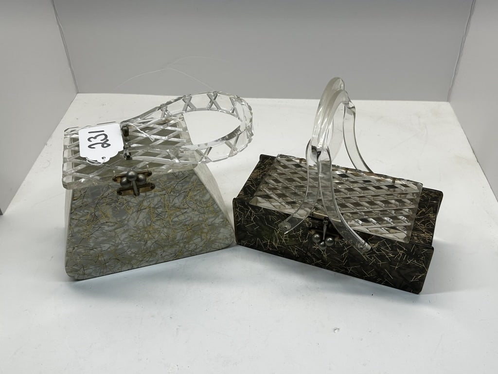 SET OF 2 VINTAGE LUCITE ACRYLIC PURSES: 1950S-1960S GREY, WHITE, GOLD AND SILVER THEAD COLORS, WITH CLASP