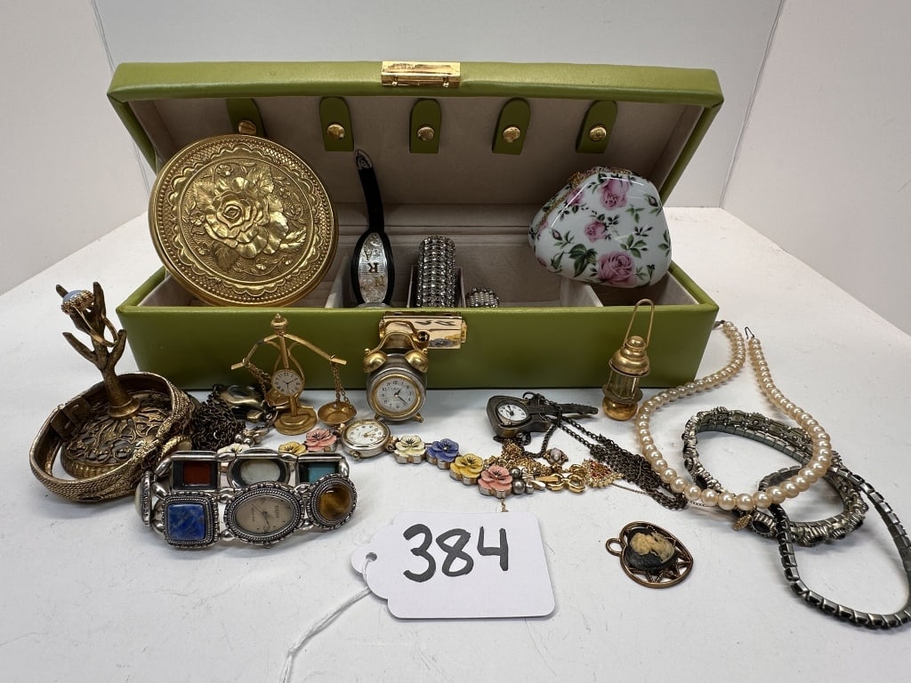 JEWLREY BOX WITH CONTENTS: BRACELETS, NECKLACES, CHARMS, RINGS, WATCHES