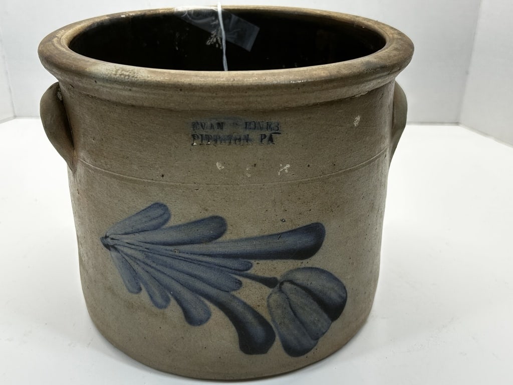 EARLY BLUE DECORATED STONEWARE CROCK JONES (1 of 2)