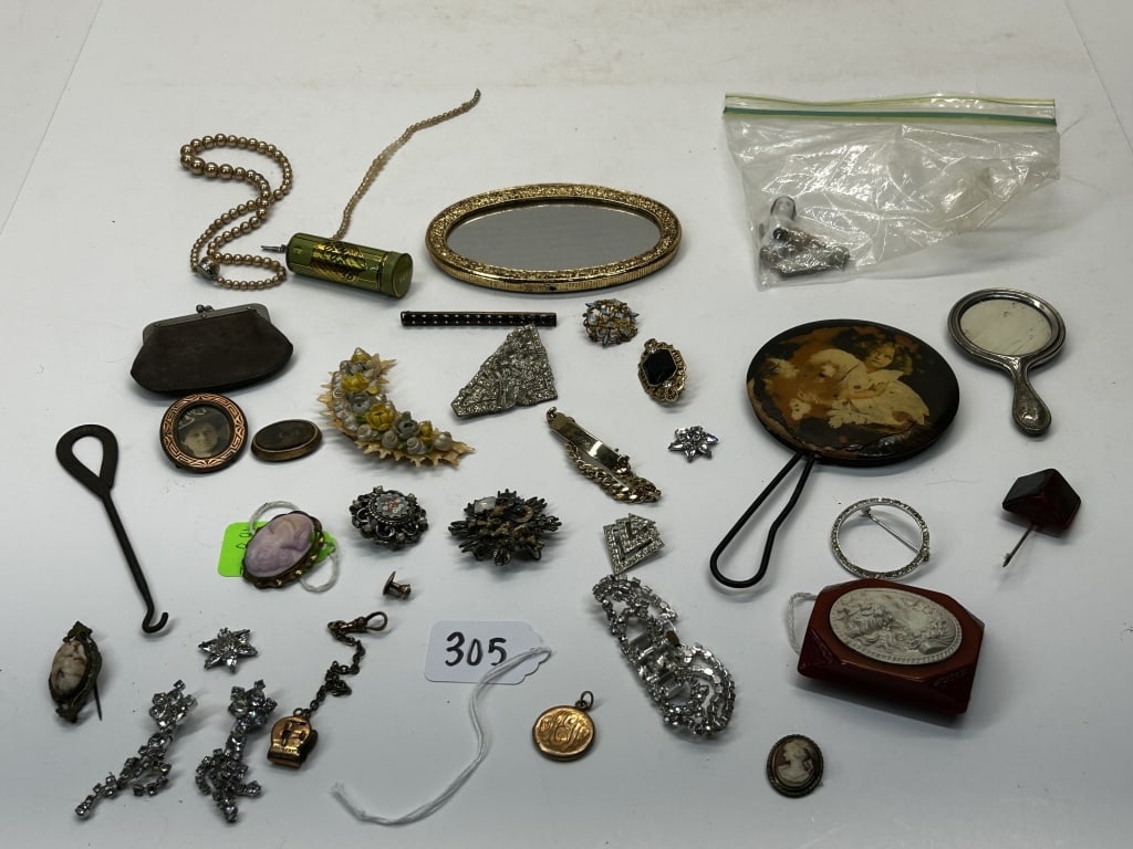 VINTAGE BEAUTY ITEMS: MIRROR, PINS, TUMS CASE, IVORY PIN, MORE