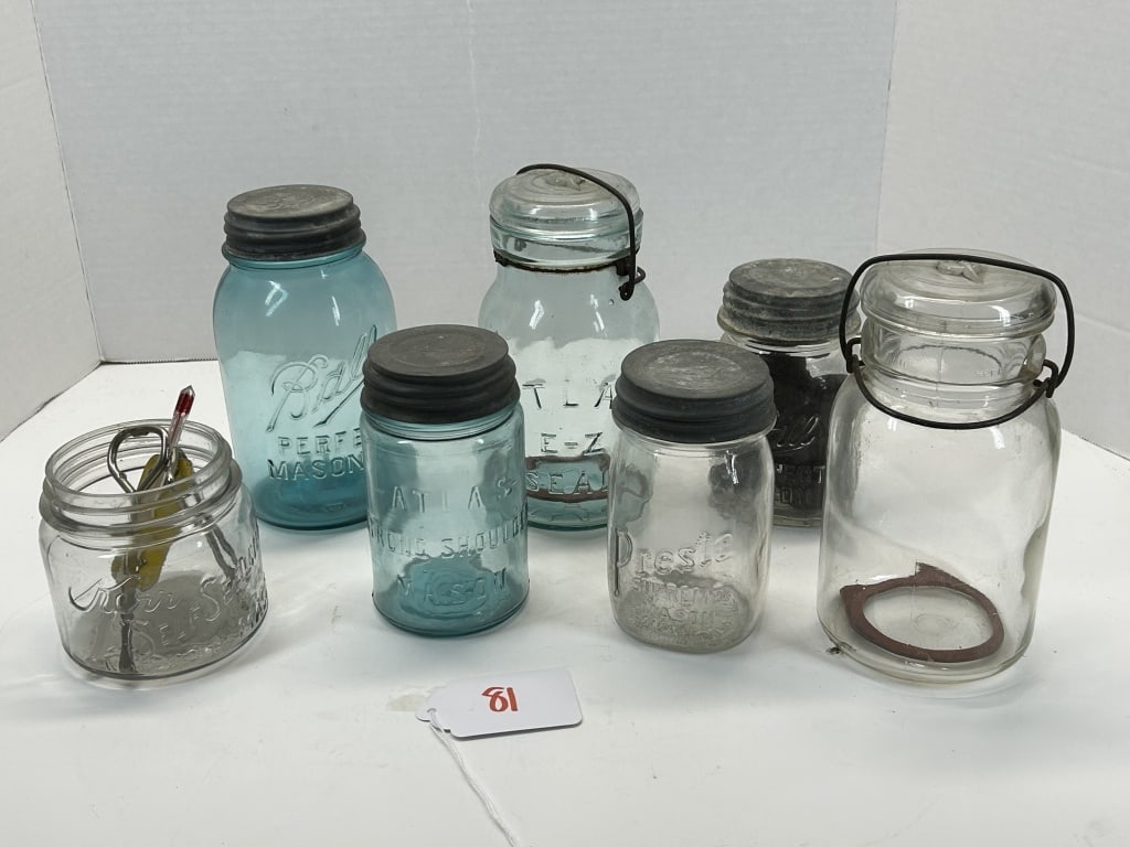MASON JARS: 7 JARS, BLUE COLORED, GLASS, WITH WRITING