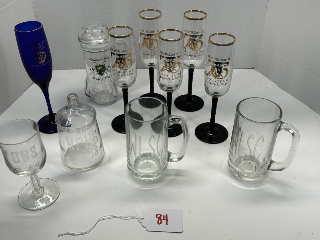 DRINK GLASSES - BELMONT HILLS COUNTRY CLUB: 6 BELMONT HILLS COUNTRY CLUB GLASS & WINE GLASSES, BRIDGEPORT ROTARY GLASS, OTHER GLASSES