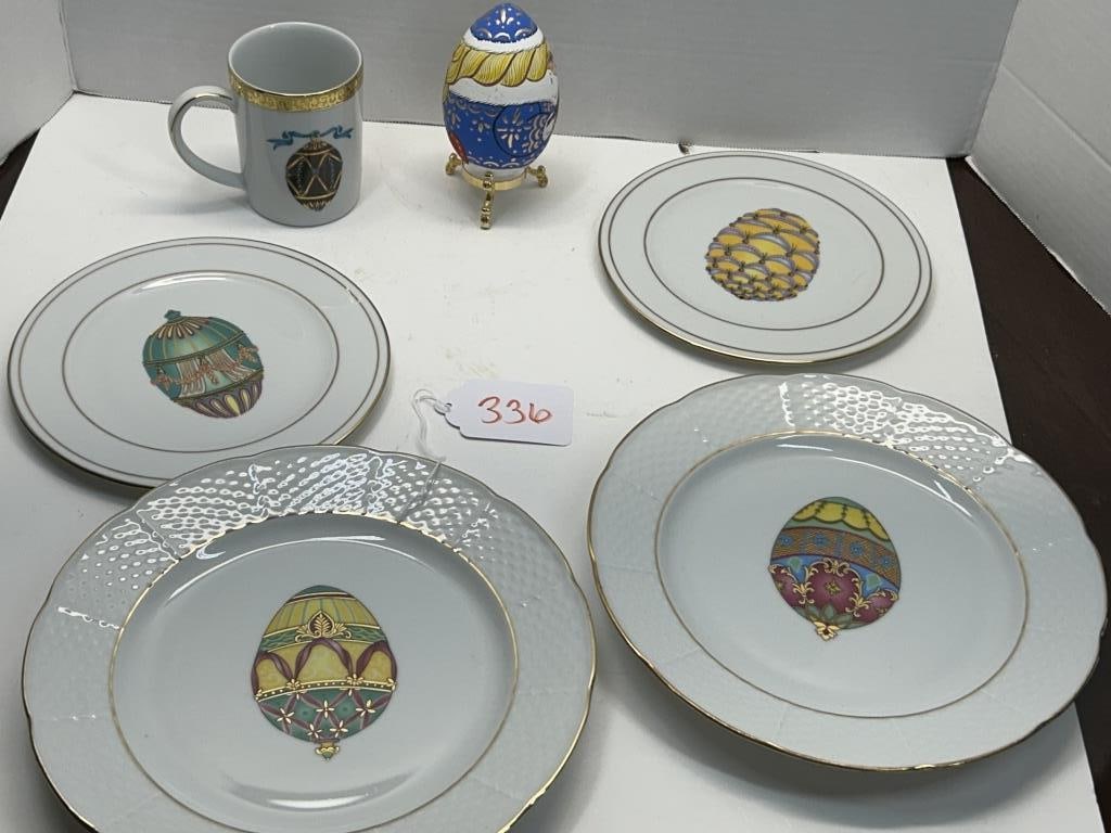 GOLD PLATED CHINA PLATES, EGG, MUG: .