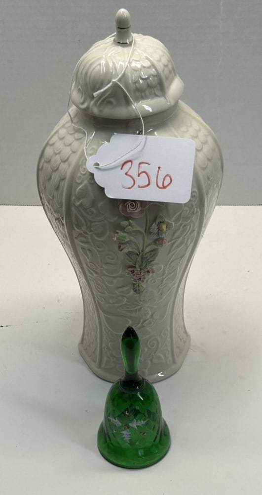 COVERED VASE & SMALL FENTON BELL: BELL IS SIGNED