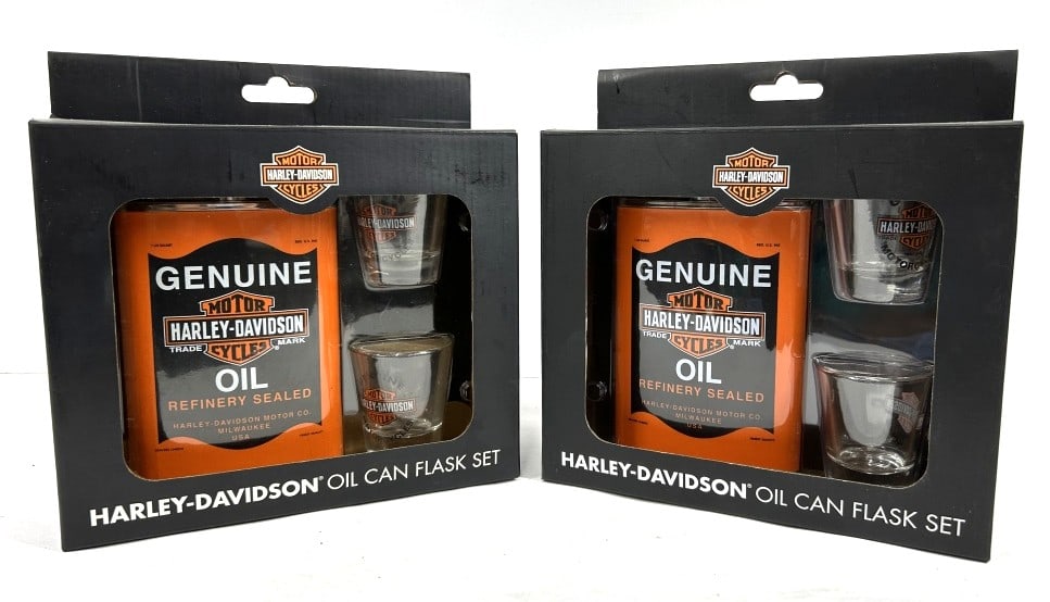 HARLEY-DAVIDSON FLASK: 2 HARLEY-DAVIDSON OIL CAN FLASK SETS