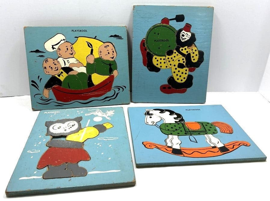 PLAYSKOOL WOODEN PUZZLE SET: SET OF 4 PLAYSKOOL PUZZLES 11.5"X9.5" INCLUDES ROCKING HORSE, ROWBOAT, CLOWN AND CAT PLAYING A VIOLIN