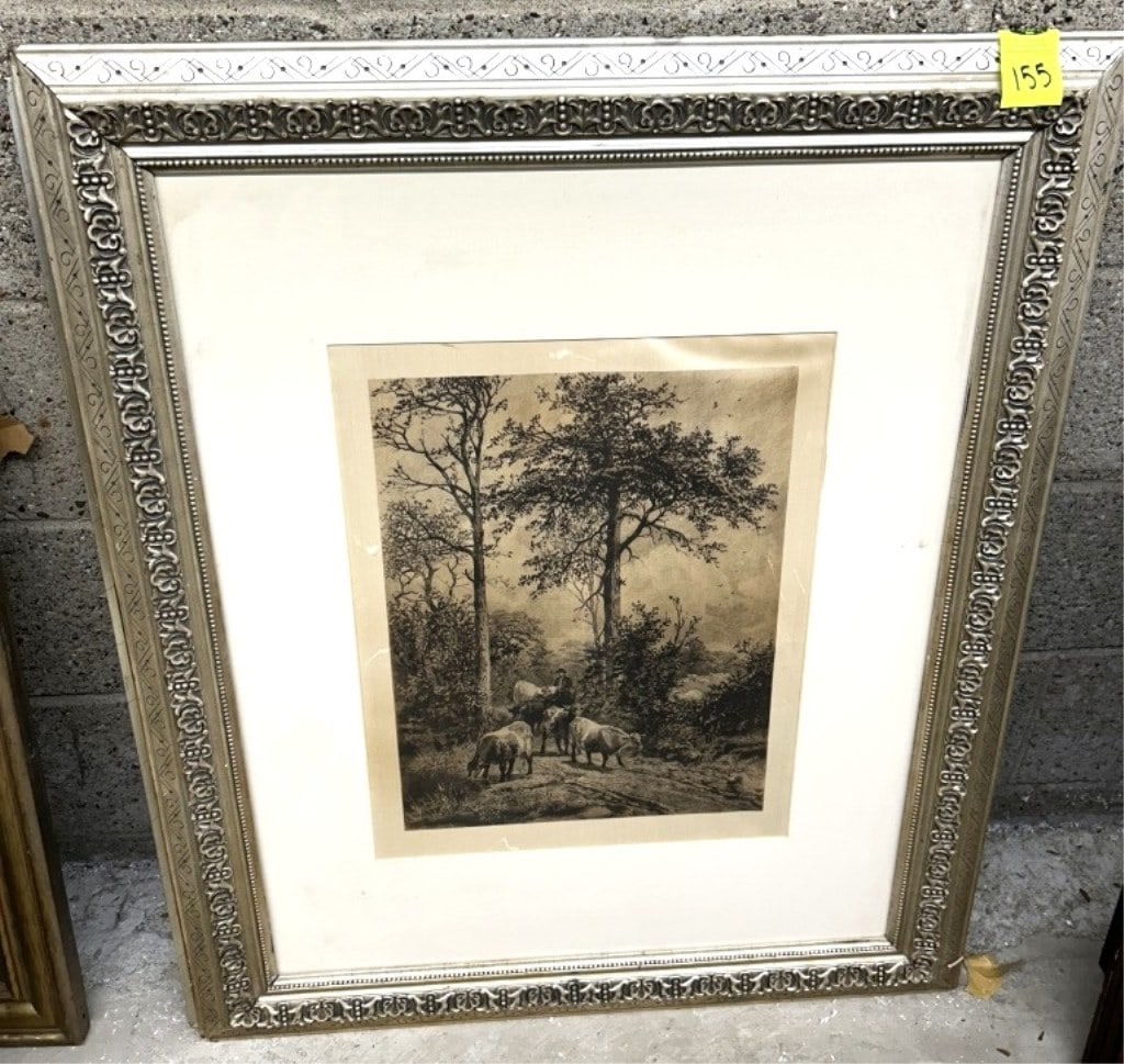 PETER MORAN PRINT: PRINT OF "THE FOREST OF CAPODIMONTE" PETER MORAN FEATURING ANIMALS GRAZING NOT AUTHENITCATED 34X29