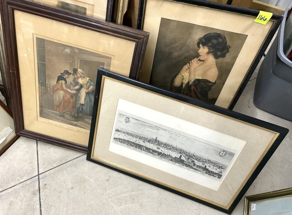 FRAMED PRINTS: LOT INCLUDES FRAMED PRINTS OF "NEW MACKREL, NEW MACKREL" BY FRANCIS WHEATLEY, PANORAMIC PRINT OF LONDON, AND GABRIEL NICOLET'S "PORTRAIT OF THINKING LADY".ALL UNAUTHENTICATED
