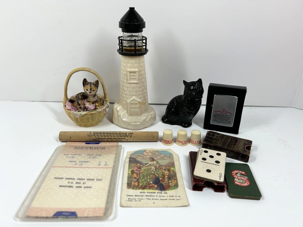 AVON KITTEN AND LOCAL ADEVERTISING PIECES: AVON KITTEN, LIGHT HOUSE, LIGHTER, THIMBLES, PUPPIES IN BASKET