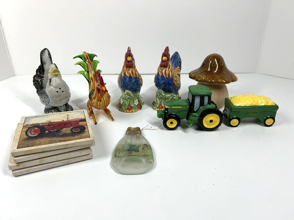 JOHN DEERE SALT AND PEPPER SHAKER: CHICKEN SALT N PEPPER SHAKER, TRACTOR COASTERS, CHICKEN FIGURINES