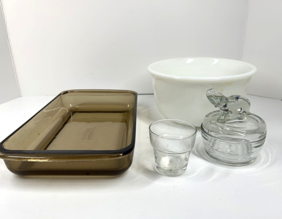PYREX BAKING DISH: GLASS BOWL AND GLASS TRINKET JAR