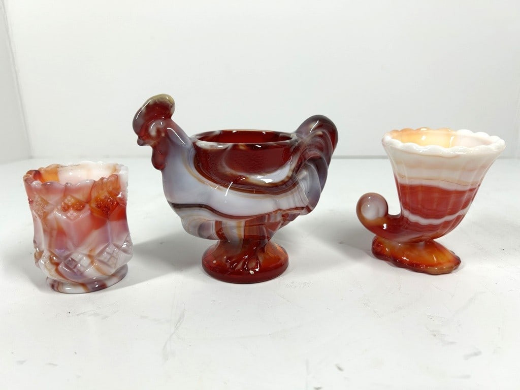 VINTAGE SLAG GLASS TOOTHPICK HOLDERS: ROOSTER CORNICOPIA AND JAR