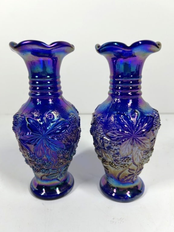 VINATGE COBALT BLUE PAIR OF VASES: IRIDESCENT