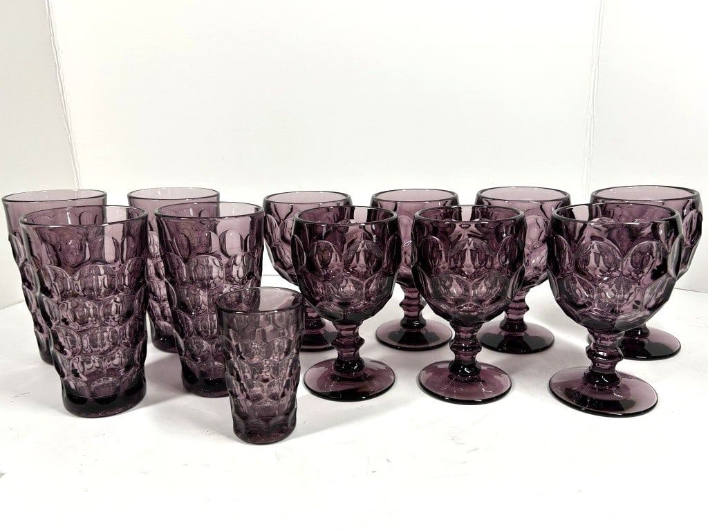 IMPERIAL GLASS OHIO PROVINCIAL AMETHYST GLASS LOT: 7 GOBLETS, 4 CUPS AND 1 SHOT GLASS