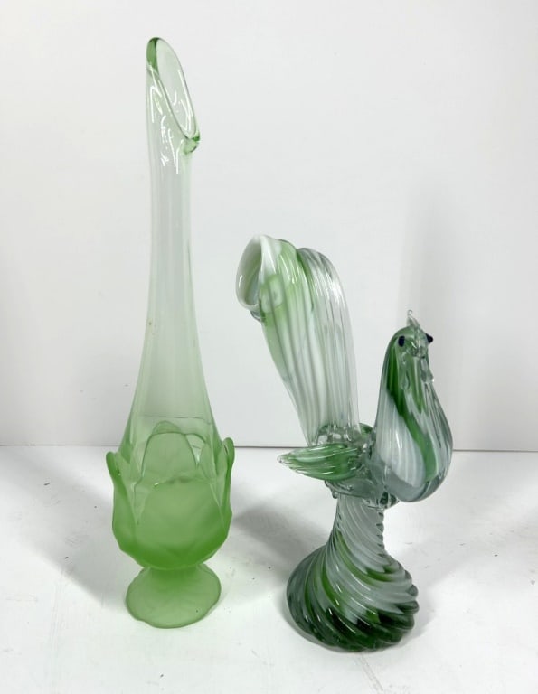 GREEN SWUNG VASE AND SOLANA ROOSTER: SOLANA ART GLASS ROOSTER AND GREEN SWUNG VASE
