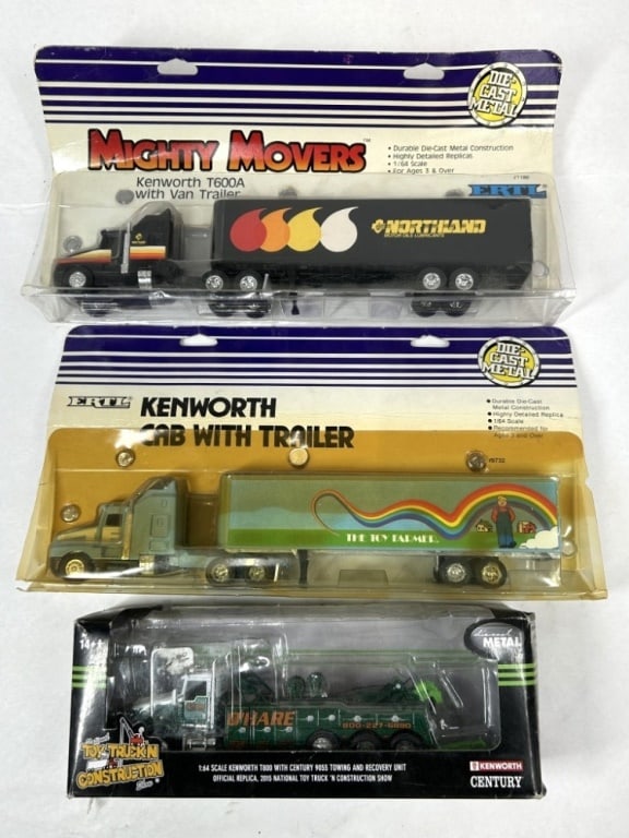 ERTL TOY FARMER KENWORTH CAB WITH TRAILER: 1/64 ERTL TOY FARMER KENWORTH CAB WITH TRAILER, ERTL MIGHTY MOVERS KENWORTH 1600A WITH VAN TRAILER AND KENWORTH