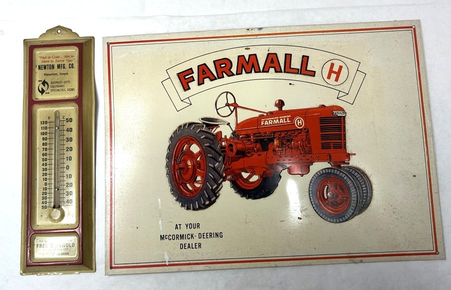 NOS FARMALL H SIGN AND NEWTON MFG CO THERM: THERMOMETER AND SIGN 4X12 THERM, 16X12 SIGN