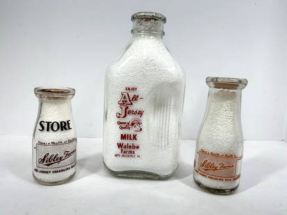 (3) MILK BOTTLES WITH ADVERTISING: WALEBE FARMS, SIBLEY FARMS