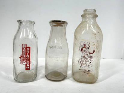 (3) MILK BOTTLES WITH ADVERTISING: BRIDGEMAN, COUNTRY BELLE COOPERATIVE FARMERS