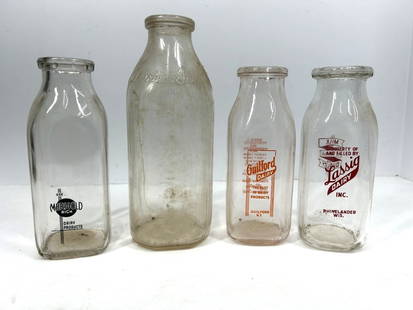 (4) MILK BOTTLES WITH ADVERTISING: MARIGOLD RICH DAIRY PRODUCTS, GUILFORD DAIRY, LASSIG DAIRY