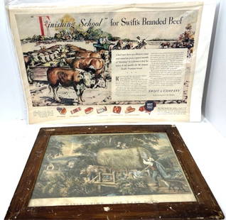 EARLY HEREFORD SWIFTS BRANDED BEEF ADV: ADVERTISING PAPERS AND PHOTO IN FRAME