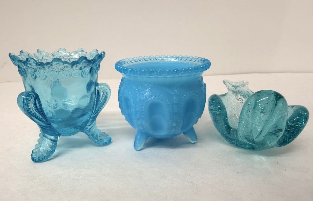 VINTAGE DEGENHART TOOTHPICK HOLDERS: DEGENHART FORGET-ME-NOT BLUE MILK GLASS FOOTED TOOTHPICK HOLDER, DEGENHART GYPSY POT, AND BIRD TRINKET DISH